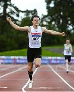 23 August 2020; Matthew Behan of Crusaders AC, Dublin, celebrates as he crosses the line to win the Men's 400m Hurdles during Day Two of the Irish Life Health National Senior and U23 Athletics Championships at Morton Stadium in Santry, Dublin. Photo by Sam Barnes/Sportsfile