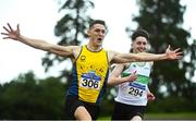 23 August 2020; Stephen Gaffney of UCD AC, Dublin, left, celebrates after winning the Men's 100m, ahead of Mark Smyth of Raheny Shamrock AC, Dublin, during Day Two of the Irish Life Health National Senior and U23 Athletics Championships at Morton Stadium in Santry, Dublin. Photo by Sam Barnes/Sportsfile