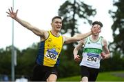 23 August 2020; Stephen Gaffney of UCD AC, Dublin, left, celebrates after winning the Men's 100m, ahead of Mark Smyth of Raheny Shamrock AC, Dublin, during Day Two of the Irish Life Health National Senior and U23 Athletics Championships at Morton Stadium in Santry, Dublin. Photo by Sam Barnes/Sportsfile