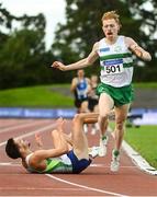 23 August 2020; Paul Robinson of St. Coca's AC, Kildare, left, crosses the finish line to win the Men's 1500m, ahead of Sean Tobin of Clonmel AC, Tipperary, right, who finished second, during Day Two of the Irish Life Health National Senior and U23 Athletics Championships at Morton Stadium in Santry, Dublin. Photo by Sam Barnes/Sportsfile