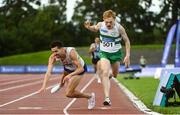 23 August 2020; Paul Robinson of St. Coca's AC, Kildare, left, crosses the finish line to win the Men's 1500m, ahead of Sean Tobin of Clonmel AC, Tipperary, right, who finished second, during Day Two of the Irish Life Health National Senior and U23 Athletics Championships at Morton Stadium in Santry, Dublin. Photo by Sam Barnes/Sportsfile