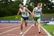 23 August 2020; Paul Robinson of St. Coca's AC, Kildare, left, crosses the finish line to win the Men's 1500m, ahead of Sean Tobin of Clonmel AC, Tipperary, right, who finished second, during Day Two of the Irish Life Health National Senior and U23 Athletics Championships at Morton Stadium in Santry, Dublin. Photo by Sam Barnes/Sportsfile