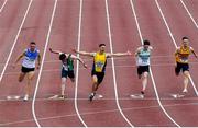 23 August 2020; Stephen Gaffney of UCD AC, Dublin, centre, celebrates as he crosses the line to win the Men's 100m during Day Two of the Irish Life Health National Senior and U23 Athletics Championships at Morton Stadium in Santry, Dublin. Photo by Sam Barnes/Sportsfile