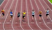 23 August 2020; Stephen Gaffney of UCD AC, Dublin, centre, celebrates as he crosses the line to win the Men's 100m during Day Two of the Irish Life Health National Senior and U23 Athletics Championships at Morton Stadium in Santry, Dublin. Photo by Sam Barnes/Sportsfile