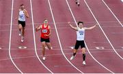 23 August 2020; Matthew Behan of Crusaders AC, Dublin, right, celebrates after winning the Men's 400m Hurdles, ahead of Cathal Locke of Dooneen AC, Limerick, centre, who finished second, and Jason Harvey of Crusaders AC, Dublin, left, who finished third, during Day Two of the Irish Life Health National Senior and U23 Athletics Championships at Morton Stadium in Santry, Dublin. Photo by Sam Barnes/Sportsfile