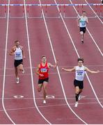 23 August 2020; Matthew Behan of Crusaders AC, Dublin, right, celebrates after winning the Men's 400m Hurdles, ahead of Cathal Locke of Dooneen AC, Limerick, centre, who finished second, and Jason Harvey of Crusaders AC, Dublin, left, who finished third, during Day Two of the Irish Life Health National Senior and U23 Athletics Championships at Morton Stadium in Santry, Dublin. Photo by Sam Barnes/Sportsfile