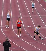 23 August 2020; Matthew Behan of Crusaders AC, Dublin, right, celebrates after winning the Men's 400m Hurdles, ahead of Cathal Locke of Dooneen AC, Limerick, centre, who finished second, and Jason Harvey of Crusaders AC, Dublin left, who finished third, during Day Two of the Irish Life Health National Senior and U23 Athletics Championships at Morton Stadium in Santry, Dublin. Photo by Sam Barnes/Sportsfile