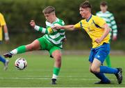 23 August 2020; Evan Looney of Killarney Celtic in action against Dean McCarthy of Douglas Hall during the FAI Youth Cup Final match between Killarney Celtic and Douglas Hall at Mounthawk Park in Tralee, Kerry. Photo by Michael P Ryan/Sportsfile