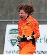23 August 2020; Adam Carey of Killarney Celtic reacts after saving a penalty in the penalty shootout during the FAI Youth Cup Final match between Killarney Celtic and Douglas Hall at Mounthawk Park in Tralee, Kerry. Photo by Michael P Ryan/Sportsfile