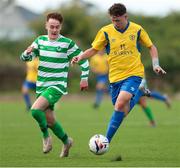 23 August 2020; Jack Dawson Douglas Hall in action against Emmet Cronin of Killarney Celtic during the FAI Youth Cup Final match between Killarney Celtic and Douglas Hall at Mounthawk Park in Tralee, Kerry. Photo by Michael P Ryan/Sportsfile
