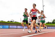 22 August 2020; Athletes, from left, Tony McCambridge of St Malachy's AC, Antrim, Dean Casey of Ennis Track AC, Clare, and James Hyland of Raheny Shamrock AC, Dublin, competing in the Junior Men's 5000m during Day One of the Irish Life Health National Senior and U23 Athletics Championships at Morton Stadium in Santry, Dublin. Photo by Sam Barnes/Sportsfile