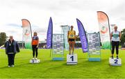 22 August 2020; Athletics Ireland President Georgina Drumm, left, with Women's hammer medallists, from left, Megan Moynihan of West Muskerry AC, Cork, bronze, Nicola Tuthill of Bandon AC, Cork, gold, and Ciara Sheehy of Emerald AC, Limerick, silver, during Day One of the Irish Life Health National Senior and U23 Athletics Championships at Morton Stadium in Santry, Dublin. Photo by Sam Barnes/Sportsfile