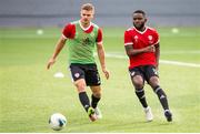 25 August 2020; Colm Horgan and James Akintunde of Derry City prior to the UEFA Europa League First Qualifying Round match between FK Riteriai and Derry City at LFF Stadium in Vilnius, Lithuania. Photo by Saulius Cirba/Sportsfile