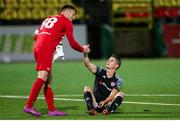 25 August 2020; Ciáran Coll of Derry City and Tadas Simaitis of FK Riteriai following the UEFA Europa League First Qualifying Round match between FK Riteriai and Derry City at LFF Stadium in Vilnius, Lithuania. Photo by Saulius Cirba/Sportsfile