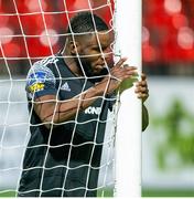25 August 2020; James Akintunde of Derry City reacts during the UEFA Europa League First Qualifying Round match between FK Riteriai and Derry City at LFF Stadium in Vilnius, Lithuania. Photo by Saulius Cirba/Sportsfile