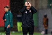 25 August 2020; Derry City manager Declan Devine during the UEFA Europa League First Qualifying Round match between FK Riteriai and Derry City at LFF Stadium in Vilnius, Lithuania. Photo by Saulius Cirba/Sportsfile