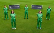 27 August 2020; Ireland U19 international players, from left, Jamie Forbes, Orla Prendergast, Tim Tector, Louise Little and Wilhelm de Klerk during the Cricket Ireland Clear Currency sponsorship announcement at the High Performance Training Centre on the Sport Ireland Campus in Dublin. Photo by Seb Daly/Sportsfile