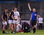 26 August 2020; Gareth Smith, 11, of St Oliver Plunkett/Eoghan Ruadh is shown a red card by referee Paul Faughnan during the Dublin County Senior Football Championship Round 3 match between Raheny and St Oliver Plunkett/Eoghan Ruadh at Parnell Park in Dublin. Photo by Matt Browne/Sportsfile