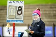 22 August 2020;  Official Anne McHugh keeps count of the laps whilst wearing PPE during Day One of the Irish Life Health National Senior and U23 Athletics Championships at Morton Stadium in Santry, Dublin. Photo by Sam Barnes/Sportsfile