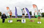 22 August 2020; Athletics Ireland President Georgina Drumm, left, pictured alongside Junior Men's 5000m medallists, from left, Aaron Smith of Cilles AC, Meath, silver, Michael Morgan of Sligo AC, gold, and James Hyland of Raheny Shamrock AC, Dublin, bronze, during Day One of the Irish Life Health National Senior and U23 Athletics Championships at Morton Stadium in Santry, Dublin. Photo by Sam Barnes/Sportsfile