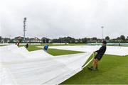 27 August 2020; Head groundsman Dale McDonoug prepares the pitch before the 2020 Test Triangle Inter-Provincial Series match between Leinster Lightning and North West Warriors at Pembroke Cricket Club in Dublin. Photo by Matt Browne/Sportsfile