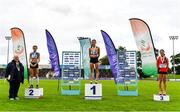 22 August 2020; Athletics Ireland President Georgina Drumm, left, pictured alongside Junior Women 5000m medallists, from left, Celine Gavin of Celtic DCH AC, Dublin, silver, Holly Brennan of Cilles AC, Meath, gold, and Aoife Coffey of Lucan Harriers AC, Dublin, bronze, during Day One of the Irish Life Health National Senior and U23 Athletics Championships at Morton Stadium in Santry, Dublin. Photo by Sam Barnes/Sportsfile