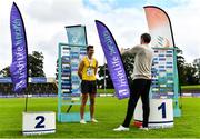 22 August 2020; Shane Howard of Bandon AC, Cork, is interviewed by Cathal Dennehy after winning the Men's Long Jump during Day One of the Irish Life Health National Senior and U23 Athletics Championships at Morton Stadium in Santry, Dublin. Photo by Sam Barnes/Sportsfile