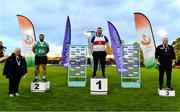 22 August 2020; Athletics Ireland President Georgina Drumm, left, pictured alongside Senior Men's Weight for Height Medallists, from left, John Dwyer of Templemore AC, Tipperary, silver, Sean Breathnach of Galway City Harriers AC, gold, and Damian Crawford of Lifford Strabane AC, Donegal, bronze, during Day One of the Irish Life Health National Senior and U23 Athletics Championships at Morton Stadium in Santry, Dublin. Photo by Sam Barnes/Sportsfile