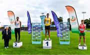 22 August 2020; Athletics Ireland President Georgina Drumm, left, pictured alongside Men's Long Jump medallists, from left, Adam McMullen of Crusaders AC, Dublin, silver, Shane Howard of Bandon AC, gold, and Ben Fisher of City of Lisburn AC, Down, bronze, during Day One of the Irish Life Health National Senior and U23 Athletics Championships at Morton Stadium in Santry, Dublin. Photo by Sam Barnes/Sportsfile