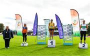 22 August 2020; Athletics Ireland president Georgina Drumm, left, alongside Women's hammer medallists, from left, Megan Moynihan of West Muskerry AC, Cork, bronze, Nicola Tuthill of Bandon AC, Cork, gold, and Ciara Sheehy of Emerald AC, Limerick, silver, during Day One of the Irish Life Health National Senior and U23 Athletics Championships at Morton Stadium in Santry, Dublin. Photo by Sam Barnes/Sportsfile