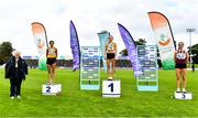 22 August 2020; Athletics Ireland President Georgina Drumm, left, pictured alongside Women's 5000m medallists, from left, Sinead O'Connor of Leevale AC, Cork, silver, Michelle Finn of Leevale AC, Cork, gold, and Claire Fagan of Mullingar Harriers AC, Westmeath, bronze, during Day One of the Irish Life Health National Senior and U23 Athletics Championships at Morton Stadium in Santry, Dublin. Photo by Sam Barnes/Sportsfile