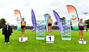 22 August 2020; Athletics Ireland President Georgina Drumm, left, pictured alongside Women's 5000m medallists, from left, Sinead O'Connor of Leevale AC, Cork, silver, Michelle Finn of Leevale AC, Cork, gold, and Claire Fagan of Mullingar Harriers AC, Westmeath, bronze, during Day One of the Irish Life Health National Senior and U23 Athletics Championships at Morton Stadium in Santry, Dublin. Photo by Sam Barnes/Sportsfile