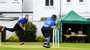 27 August 2020; Graham Hume of North West Warriors takes the wicket of Curtis Campher of Leinster Lightning during the 2020 Test Triangle Inter-Provincial Series match between Leinster Lightning and North West Warriors at Pembroke Cricket Club in Dublin. Photo by Matt Browne/Sportsfile