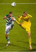 27 August 2020; Graham Burke of Shamrock Rovers in action against Tatu Miettunen of Ilves during the UEFA Europa League First Qualifying Round match between Shamrock Rovers and Ilves at Tallaght Stadium in Dublin. Photo by Stephen McCarthy/Sportsfile