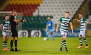 27 August 2020; Liam Scales of Shamrock Rovers receives a red card from referee Michal Ocenáš during the UEFA Europa League First Qualifying Round match between Shamrock Rovers and Ilves at Tallaght Stadium in Dublin. Photo by Stephen McCarthy/Sportsfile