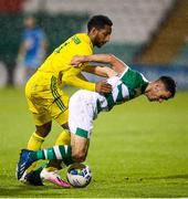27 August 2020; Dean Williams of Shamrock Rovers in action against Felipe Aspegren of Ilves during the UEFA Europa League First Qualifying Round match between Shamrock Rovers and Ilves at Tallaght Stadium in Dublin. Photo by Stephen McCarthy/Sportsfile