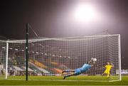 27 August 2020; Shamrock Rovers goalkeeper Alan Mannus saves the penalty of Eemeli Raittinen of Ilves during the penalty shoot-out of the UEFA Europa League First Qualifying Round match between Shamrock Rovers and Ilves at Tallaght Stadium in Dublin. Photo by Eóin Noonan/Sportsfile