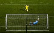 27 August 2020; Shamrock Rovers goalkeeper Alan Mannus saves the penalty of Eemeli Raittinen of Ilves during the penalty shoot-out of the UEFA Europa League First Qualifying Round match between Shamrock Rovers and Ilves at Tallaght Stadium in Dublin. Photo by Stephen McCarthy/Sportsfile