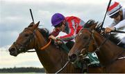 28 August 2020; Star Image, left, with Gavin Ryan up, races alongside side eventual second place Omakase, with Mikey Sheehy up, on their way to winning the Paddy Power I'd Love A Pint But I'm Not Getting Married Nursery Handicap at The Curragh Racecourse in Kildare. Photo by Seb Daly/Sportsfile