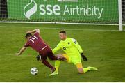 28 August 2020; Enda Curran of Galway United is fouled by Shelbourne goalkeeper Colin McCabe resulting in a penalty during the Extra.ie FAI Cup Second Round match between Galway United and Shelbourne at Eamonn Deacy Park in Galway. Photo by Stephen McCarthy/Sportsfile
