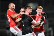 28 August 2020; Trillick goalkeeper Ryan Kelly who saved the winning penalty in the penalty shoot-out, celebrates with his team-mates, from left, Niall Gormley, Lee Brennan and James Garrity after the Tyrone County Senior Football Championship Quarter-Final match between Trillick St Macartan's and Killyclogher St Mary's at Healy Park in Omagh, Tyrone. Photo by Piaras Ó Mídheach/Sportsfile