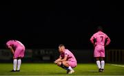 28 August 2020; Wexford players, from left, Malekc Hill, James Carroll, and Azeez Yusuff dejected following their side's defeat in the Extra.ie FAI Cup Second Round match between Athlone Town and Wexford at Athlone Town Stadium in Athlone, Westmeath. Photo by Ben McShane/Sportsfile