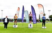 23 August 2020; Athletics Ireland President Georgina Drumm, left, pictured alongside Women's Javelin medallists, from left, Aoibhín Mc Mahon of Blackrock AC, Louth, silver, Katherine O'Connor of Dundalk St. Gerards AC, Louth, gold, and Ciara McHugh Murphy of Claremorris AC, Mayo, bronze, during Day Two of the Irish Life Health National Senior and U23 Athletics Championships at Morton Stadium in Santry, Dublin. Photo by Sam Barnes/Sportsfile