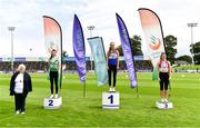 23 August 2020; Athletics Ireland President Georgina Drumm, left, alongside Women's High Jump Medallists, from left, Aoife O'Sullivan of Liscarroll AC, Cork, silver, Sommer Lecky of Finn Valley AC, Donegal, gold, and Katherine O'Connor of Dundalk St. Gerards AC, Louth, bronze, during Day Two of the Irish Life Health National Senior and U23 Athletics Championships at Morton Stadium in Santry, Dublin. Photo by Sam Barnes/Sportsfile