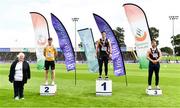 23 August 2020; Athletics Ireland President Georgina Drumm, left, alongside Men's Javelin medallists, from left, Conor Cusack of Lake District Athletics, Mayo, silver, Stephen Rice of Clonliffe Harriers AC, Dublin, gold, and Rory Gunning of Clonliffe Harriers AC, Dublin, bronze, during Day Two of the Irish Life Health National Senior and U23 Athletics Championships at Morton Stadium in Santry, Dublin. Photo by Sam Barnes/Sportsfile