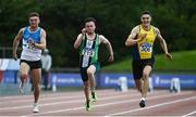 23 August 2020; Athletes, from left, Marcus Lawler of St. Laurence O'Toole AC, Carlow, Dean Adams of Ballymena and Antrim AC, and Stephen Gaffney of UCD AC,  Dublin, competing in the Men's 100m during Day Two of the Irish Life Health National Senior and U23 Athletics Championships at Morton Stadium in Santry, Dublin. Photo by Sam Barnes/Sportsfile