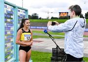 23 August 2020; Phil Healy of Bandon AC, Cork, is interviewed by Cathal Dennehy after winning the Women's 100m during Day Two of the Irish Life Health National Senior and U23 Athletics Championships at Morton Stadium in Santry, Dublin. Photo by Sam Barnes/Sportsfile