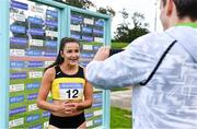 23 August 2020; Phil Healy of Bandon AC, Cork, is interviewed by Cathal Dennehy after winning the Women's 100m during Day Two of the Irish Life Health National Senior and U23 Athletics Championships at Morton Stadium in Santry, Dublin. Photo by Sam Barnes/Sportsfile