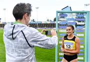 23 August 2020; Phil Healy of Bandon AC, Cork, is interviewed by Cathal Dennehy after winning the Women's 100m during Day Two of the Irish Life Health National Senior and U23 Athletics Championships at Morton Stadium in Santry, Dublin. Photo by Sam Barnes/Sportsfile