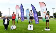 23 August 2020; Athletics Ireland President Georgina Drumm, left, alongside Men's 400m Hurdles medallists, from left, Cathal Locke of Dooneen AC, Limerick, silver, Matthew Behan of Crusaders AC, Dublin, gold, and Jason Harvey of Crusaders AC, Dublin, bronze, during Day Two of the Irish Life Health National Senior and U23 Athletics Championships at Morton Stadium in Santry, Dublin. Photo by Sam Barnes/Sportsfile